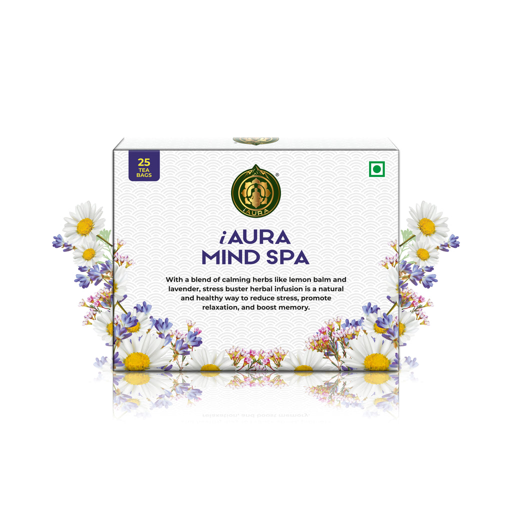 iAura Mind Spa | Stress Buster | Memory Booster | Sleep Inducer | Claming | Lemon Blam | Lavender | Chamomile - 25 Pyramid Tea Bags